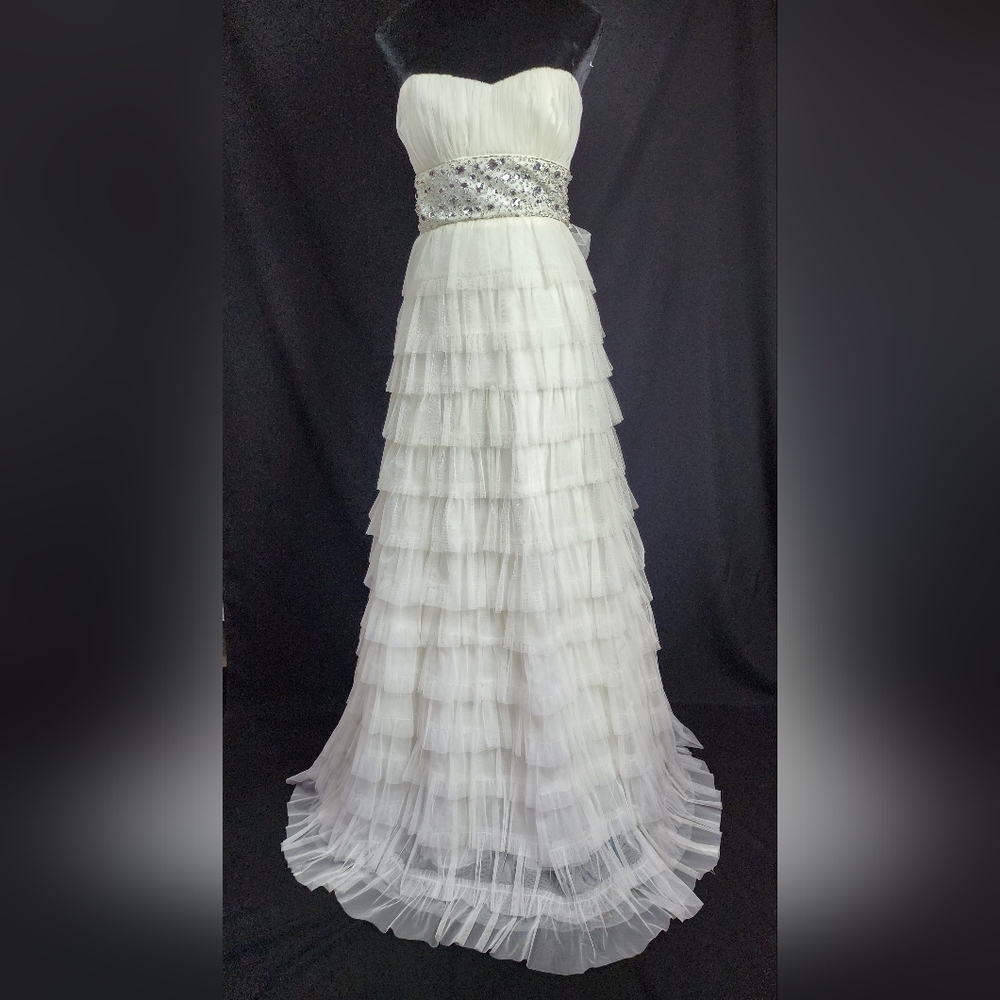White Rhinestone Strapless Tiered Wedding Dress Gown 5/6